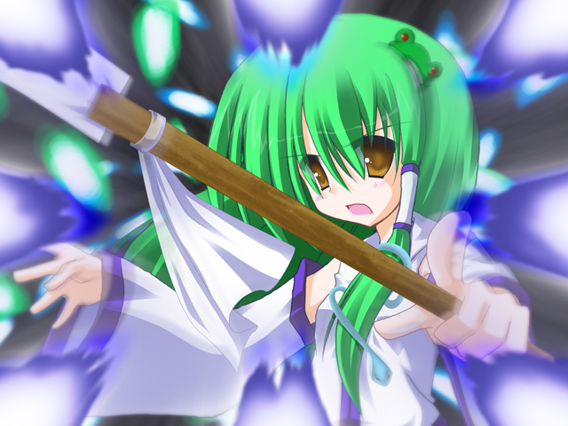 fuji tooya, fuji toya, kochiya sanae, touhou, 1girl, danmaku, female focus, green hair, japanese clothes, long hair, miko, solo