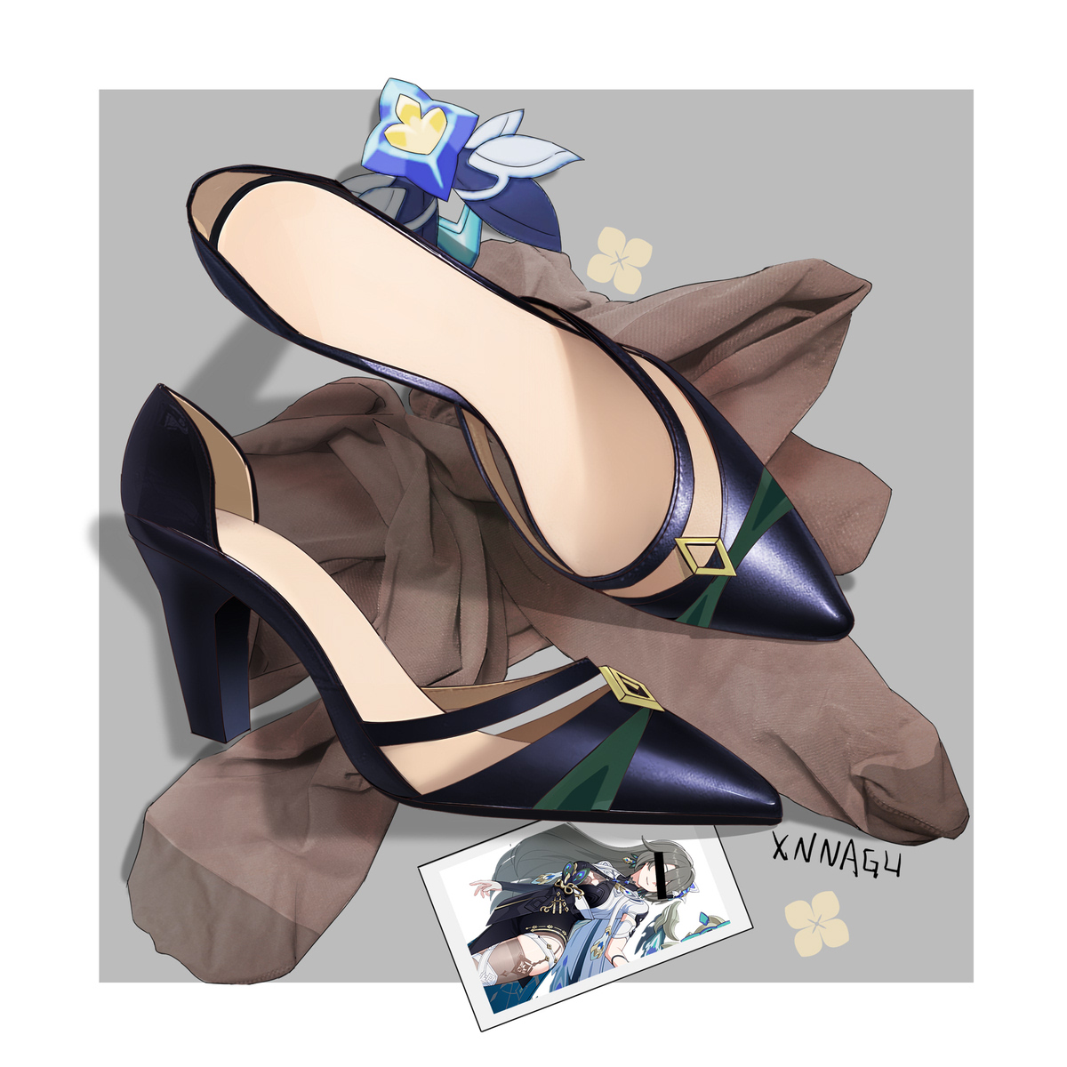 xnnagu, black footwear, highres, 1girl, artist name, border, dress, feet, foot focus, grey background, grey hair, high heels, photo (object), pumps, sandals, shadow, shoes, simple background, solo, still life, strappy heels, toe cleavage, toes, white border