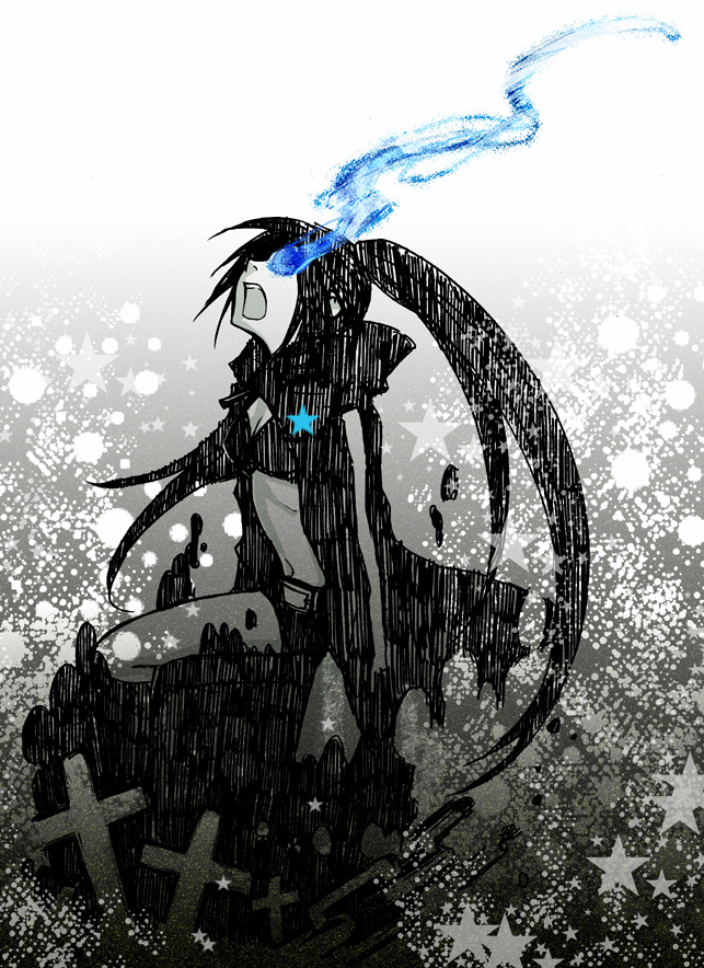 metro (mp ground), black rock shooter (character), hatsune miku, black rock shooter, vocaloid, bad id, bad pixiv id, 10s, 1girl, black hair, blue eyes, cross, female focus, latin cross, long hair, midriff, solo, twintails