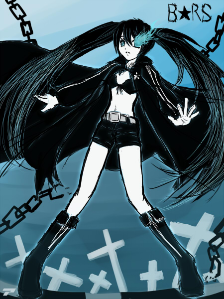 ahimera, black rock shooter (character), hatsune miku, black rock shooter, vocaloid, 10s, 1girl, black hair, blue eyes, chain, female focus, long hair, midriff, monochrome, shorts, solo, twintails