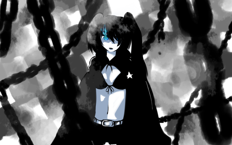 hifumi (gureazi), hifumi (pixiv), black rock shooter (character), hatsune miku, black rock shooter, vocaloid, bad id, bad pixiv id, 10s, 1girl, black hair, blue eyes, chain, female focus, long hair, midriff, monochrome, solo, spot color, twintails
