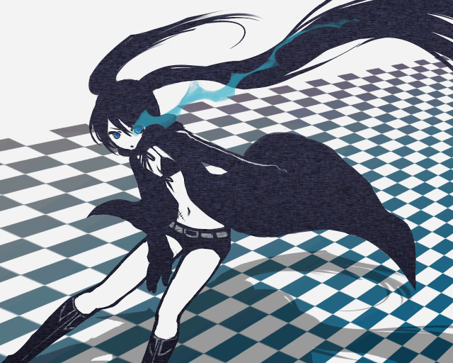 kemuma, black rock shooter (character), hatsune miku, black rock shooter, vocaloid, 10s, 1girl, black hair, blue eyes, female focus, long hair, midriff, monochrome, shorts, solo, twintails