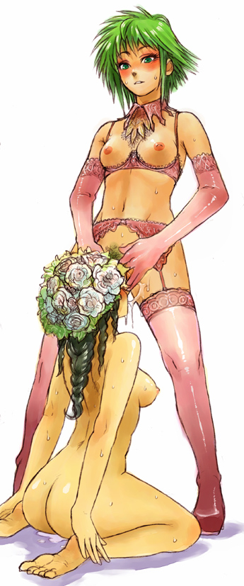 princess white rose, saga, saga frontier, asellus, 2girls, ass, blush, breasts, cunnilingus, elbow gloves, flower, garter belt, gloves, green hair, kneeling, lingerie, multiple girls, nipples, nude, oral, pubic hair, rose, short hair, sweat, thighhighs, underwear, yuri