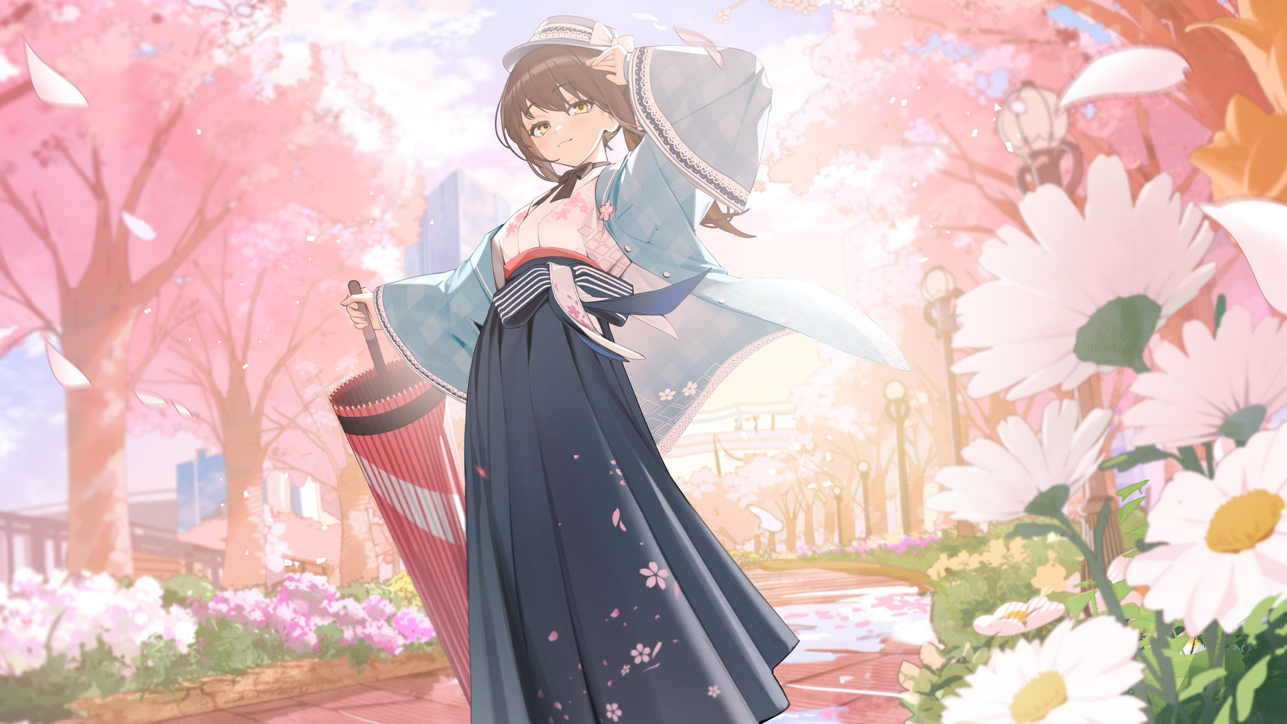 hiiragi mikoto, original, absurdres, commentary request, commission, highres, skeb commission, 1girl, black skirt, blue hat, blue jacket, blush, brown hair, cherry blossoms, closed mouth, closed umbrella, falling petals, floral print, floral print kimono, flower, hakama, hakama skirt, hat, holding, holding umbrella, jacket, japanese clothes, kimono, long hair, long skirt, long sleeves, looking at viewer, oil-paper umbrella, outdoors, petals, print kimono, skirt, solo, umbrella, white flower, white kimono, wide sleeves, yellow eyes