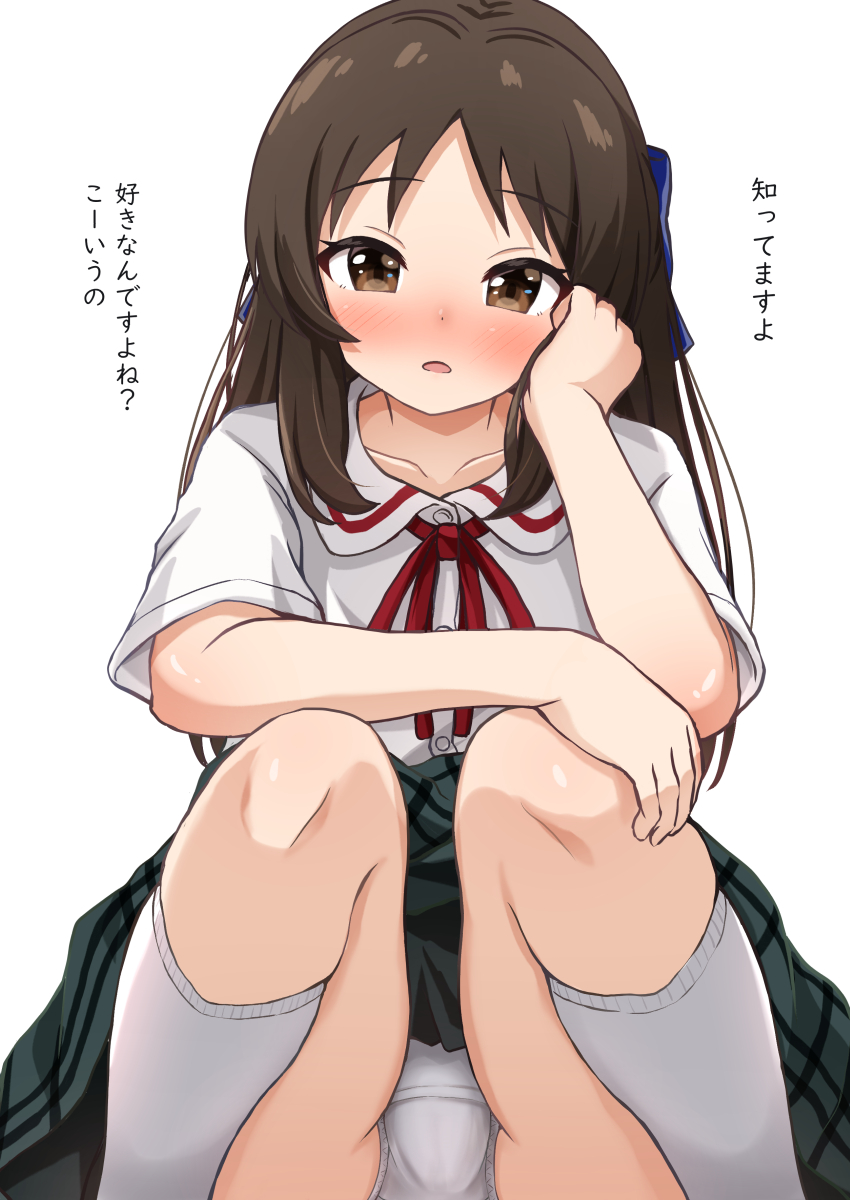comiching, tachibana arisu, idolmaster, idolmaster cinderella girls, idolmaster cinderella girls starlight stage, highres, 1girl, blue bow, blush, bow, brown eyes, brown hair, collarbone, dot nose, green skirt, hair bow, hand on own cheek, hand on own face, hands on own knee, long hair, looking at viewer, neck ribbon, open mouth, panties, pantyshot, plaid clothes, plaid skirt, pleated skirt, red ribbon, ribbon, shirt, shy, simple background, sitting, skirt, socks, solo, underwear, white background, white panties, white shirt, white socks