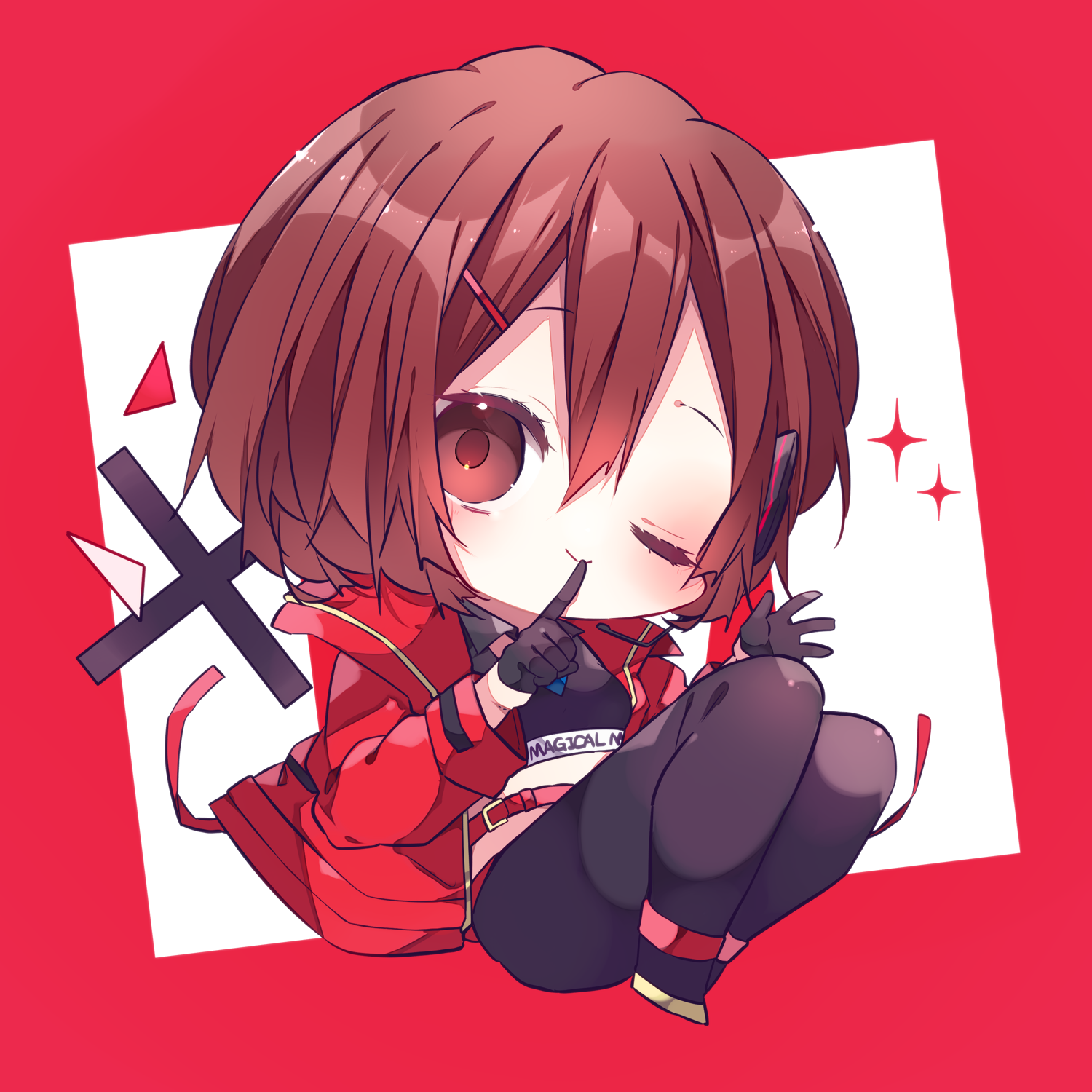 kaho 0102, meiko (vocaloid), vocaloid, commentary request, highres, 1girl, ;), black gloves, black pants, black shirt, black shoes, brown eyes, brown hair, chibi, chibi only, closed mouth, crop top, cropped shirt, double-parted bangs, full body, gloves, hair between eyes, hands up, index finger raised, jacket, long sleeves, looking at viewer, one eye closed, open clothes, open jacket, pants, red background, red jacket, shirt, shoes, short hair, smile, solo