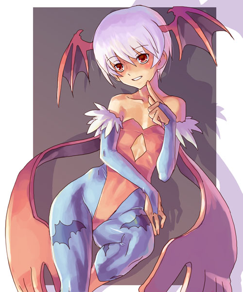 katahira masashi, lilith (darkstalkers), capcom, darkstalkers, 1girl, animal print, bare shoulders, bat print, bat wings, blue pantyhose, demon girl, female focus, flat chest, leotard, pantyhose, pink hair, print pantyhose, red eyes, red leotard, solo, wings