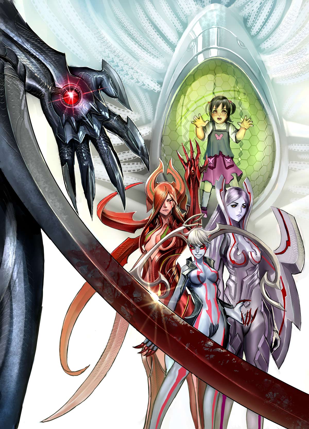 stjepan sejic, amaha masane, amaha rihoko, maria (witchblade), nora (witchblade), soho reina, witchblade, blade, highres, 00s, 4girls, arm blade, armor, bikini armor, black sclera, blood, blue skin, captured, caught, colored sclera, colored skin, hair over one eye, multiple girls, smile, tattoo, weapon, yellow eyes