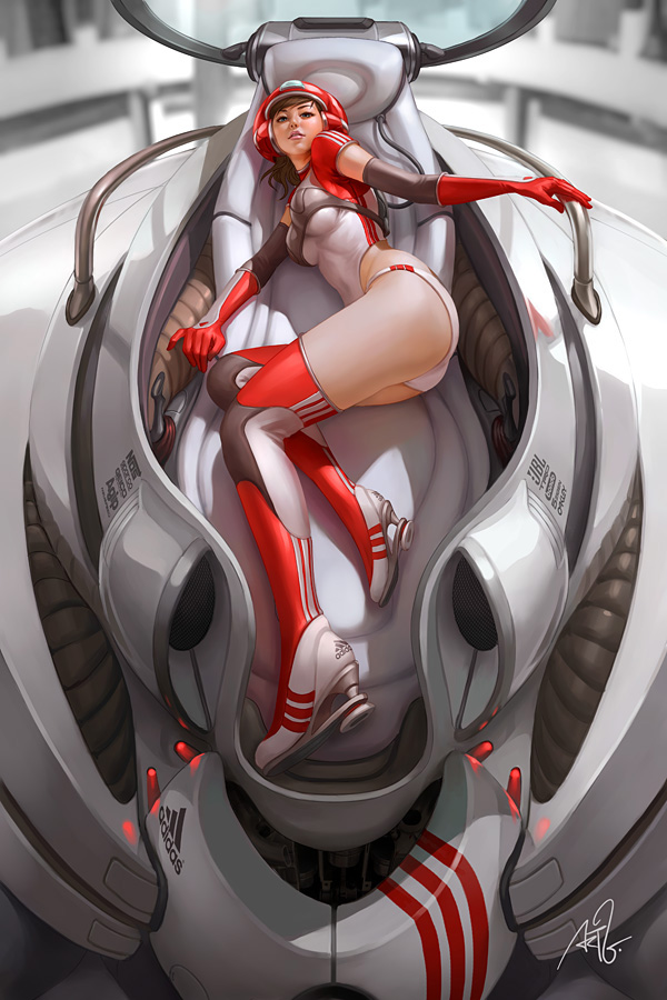 stanley lau, adidas, pepper project, 1girl, black hair, boots, breasts, brown hair, elbow gloves, gloves, legs, lips, long hair, looking at viewer, lying, mecha, panties, skin tight, thigh boots, thighhighs, tight clothes, underboob, underwear