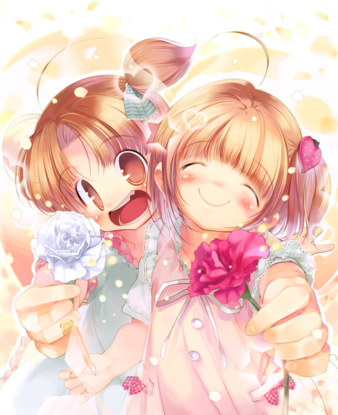 hanpen, puus, 2girls, :d, ^ ^, ahoge, bandaid, bandaid on hand, blush, bow, brown eyes, brown hair, carnation, closed eyes, facing viewer, flower, food, fruit, hair ornament, heart, heart hair ornament, holding, holding flower, laughing, looking at viewer, multiple girls, open mouth, polka dot, rose, smile, star (symbol), strawberry, twintails