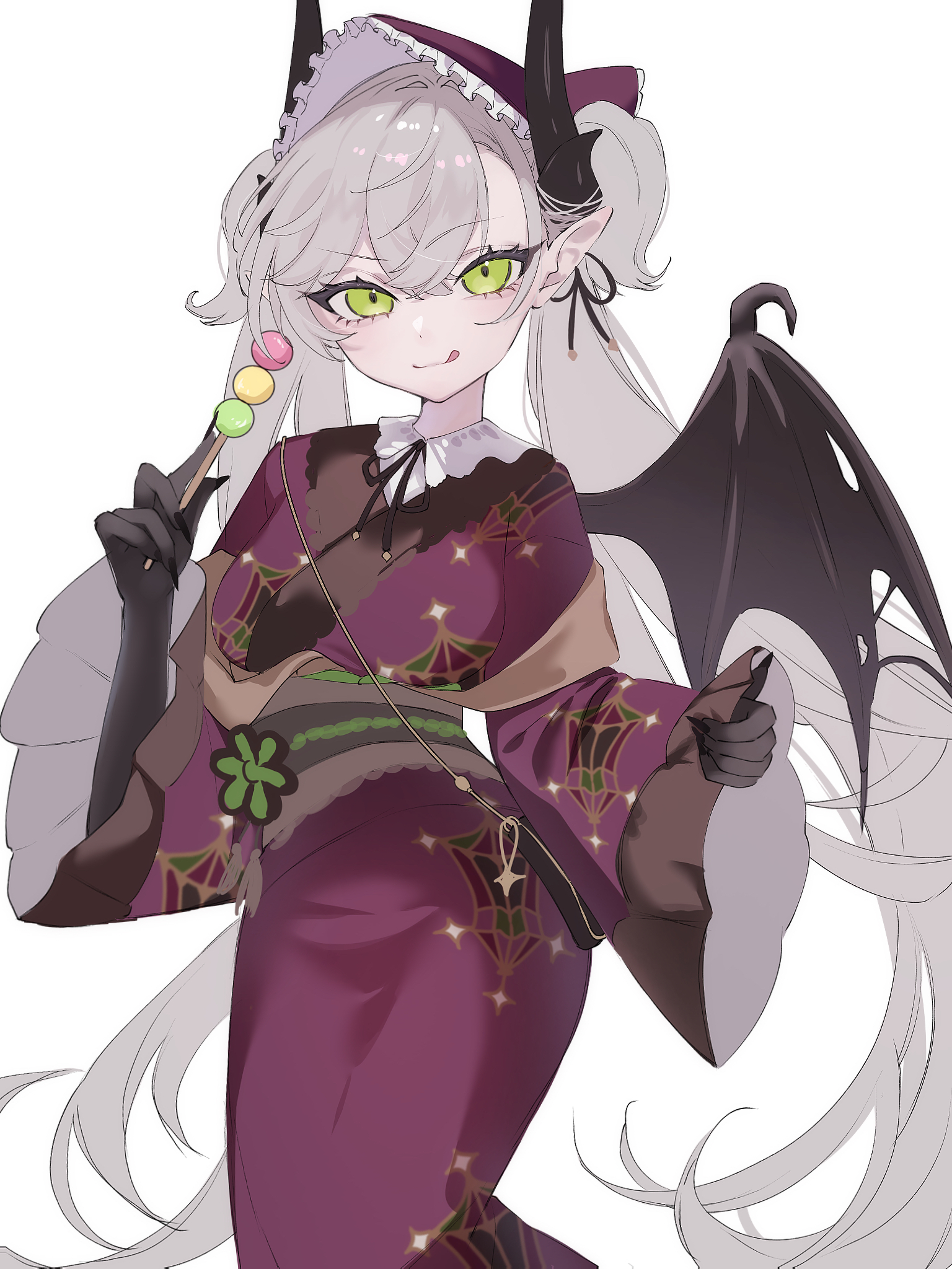 590kogure590, lilith (fate), fate/grand order, fate (series), highres, 1girl, black hands, breasts, colored extremities, crossed bangs, dango, demon girl, demon horns, demon wings, ear piercing, food, frilled hairband, frills, green eyes, grey hair, hair between eyes, hairband, horns, japanese clothes, kimono, licking lips, lilith (kyomaf 2025) (fate), long hair, looking at viewer, medium breasts, obi, piercing, pointy ears, purple kimono, sash, smile, solo, tongue, tongue out, twintails, very long hair, wagashi, wings