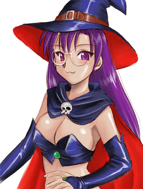 ebifly, 1girl, :3, arm warmers, belt, breasts, cape, cleavage, earrings, elbow gloves, female focus, glasses, gloves, hat, jewelry, large breasts, purple eyes, purple hair, skull, solo, witch, witch hat