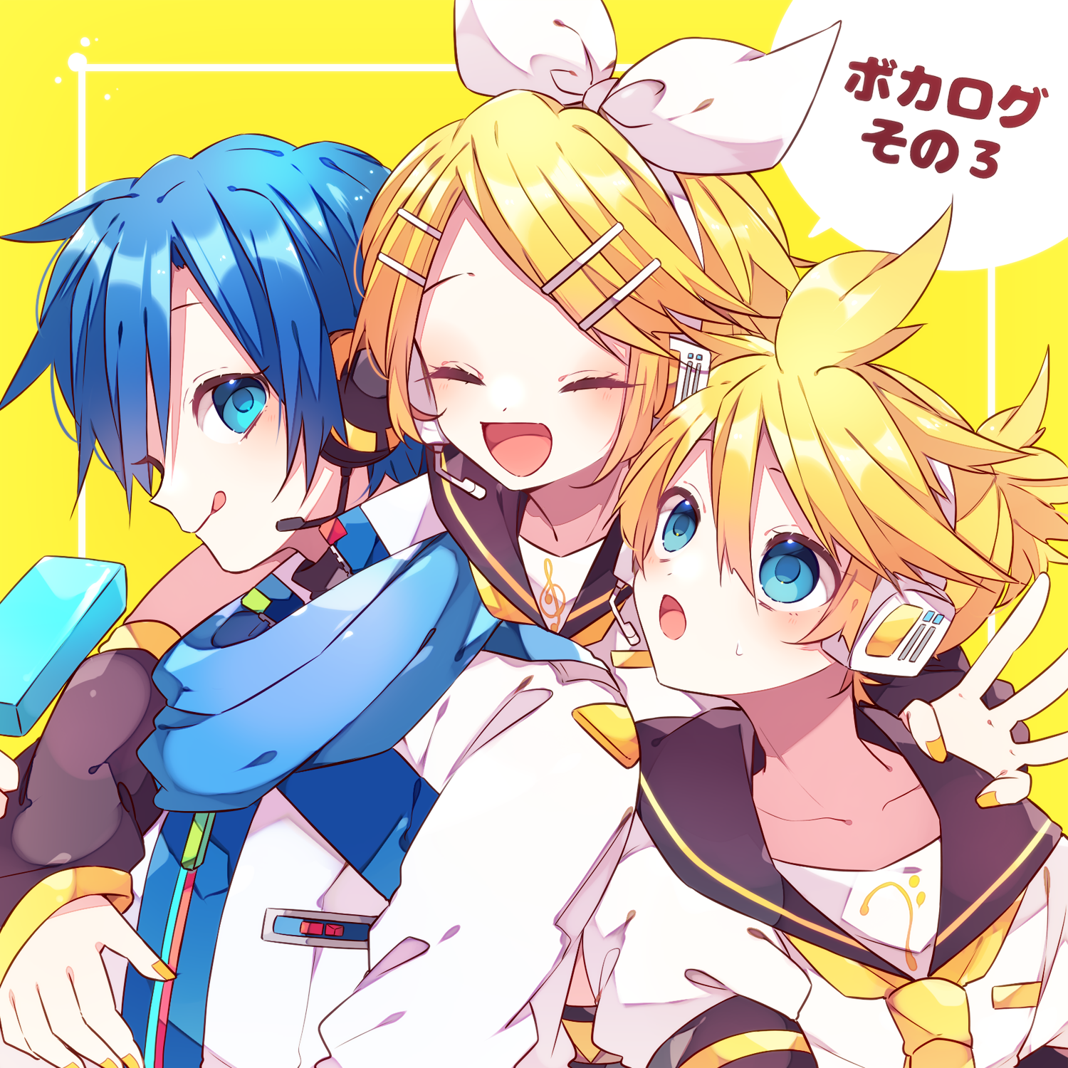 kaho 0102, kagamine len, kagamine rin, kaito (vocaloid), vocaloid, commentary request, highres, 1girl, 2boys, :d, :o, :q, bass clef, blonde hair, blue eyes, blue hair, blue scarf, bow hairband, closed eyes, closed mouth, double-parted bangs, food, hair between eyes, hair ornament, hairband, hairclip, headset, hug, inset border, long sleeves, multiple boys, nail polish, necktie, open mouth, parallel hairclips, parted bangs, popsicle, scarf, shirt, short hair, short sleeves, smile, tongue, tongue out, treble clef, upper body, white hairband, white shirt, yellow background, yellow nails, yellow necktie