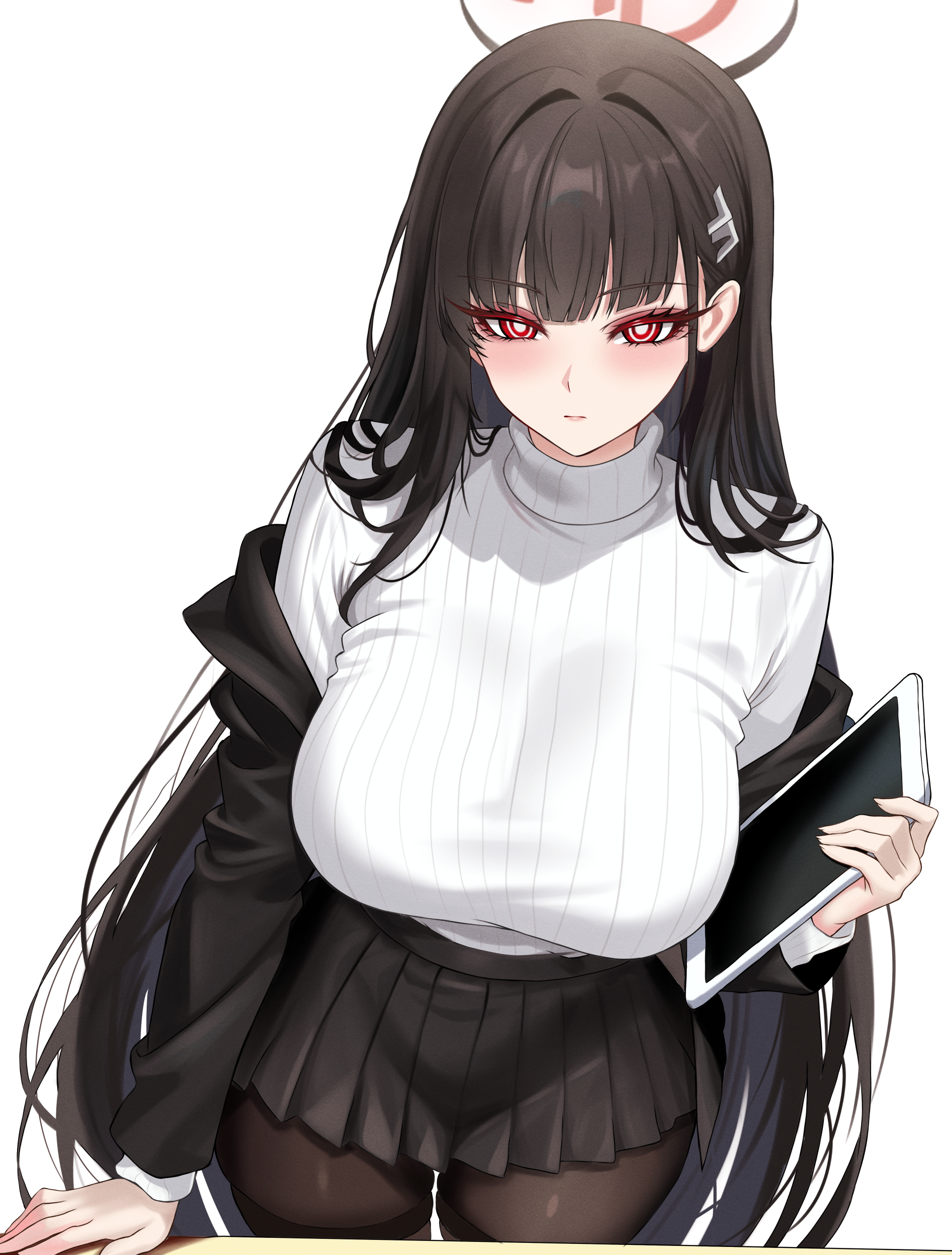 lansulynn, rio (blue archive), blue archive, absurdres, commentary, highres, paid reward available, 1girl, black hair, black jacket, black pantyhose, black skirt, blush, breasts, bright pupils, closed mouth, hair ornament, hairclip, halo, holding, holding tablet pc, jacket, large breasts, long hair, long sleeves, looking at viewer, miniskirt, pantyhose, pleated skirt, red eyes, simple background, skirt, solo, sweater, sweater tucked in, tablet pc, turtleneck, turtleneck sweater, white background, white pupils, white sweater