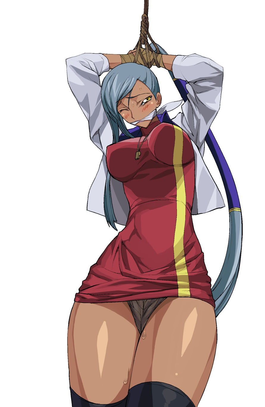 a1 (initial-g), villetta nu, code geass, silver hair, highres, 00s, 1girl, bdsm, blush, bondage, bound, cleave gag, cloth gag, clothes lift, dark-skinned female, dark skin, female focus, gag, gagged, improvised gag, long hair, one eye closed, panties, pencil skirt, ponytail, skinny, skirt, skirt lift, sleeves pushed up, slender, solo, sweat, thighhighs, underwear, upskirt, whistle, wink, yellow eyes