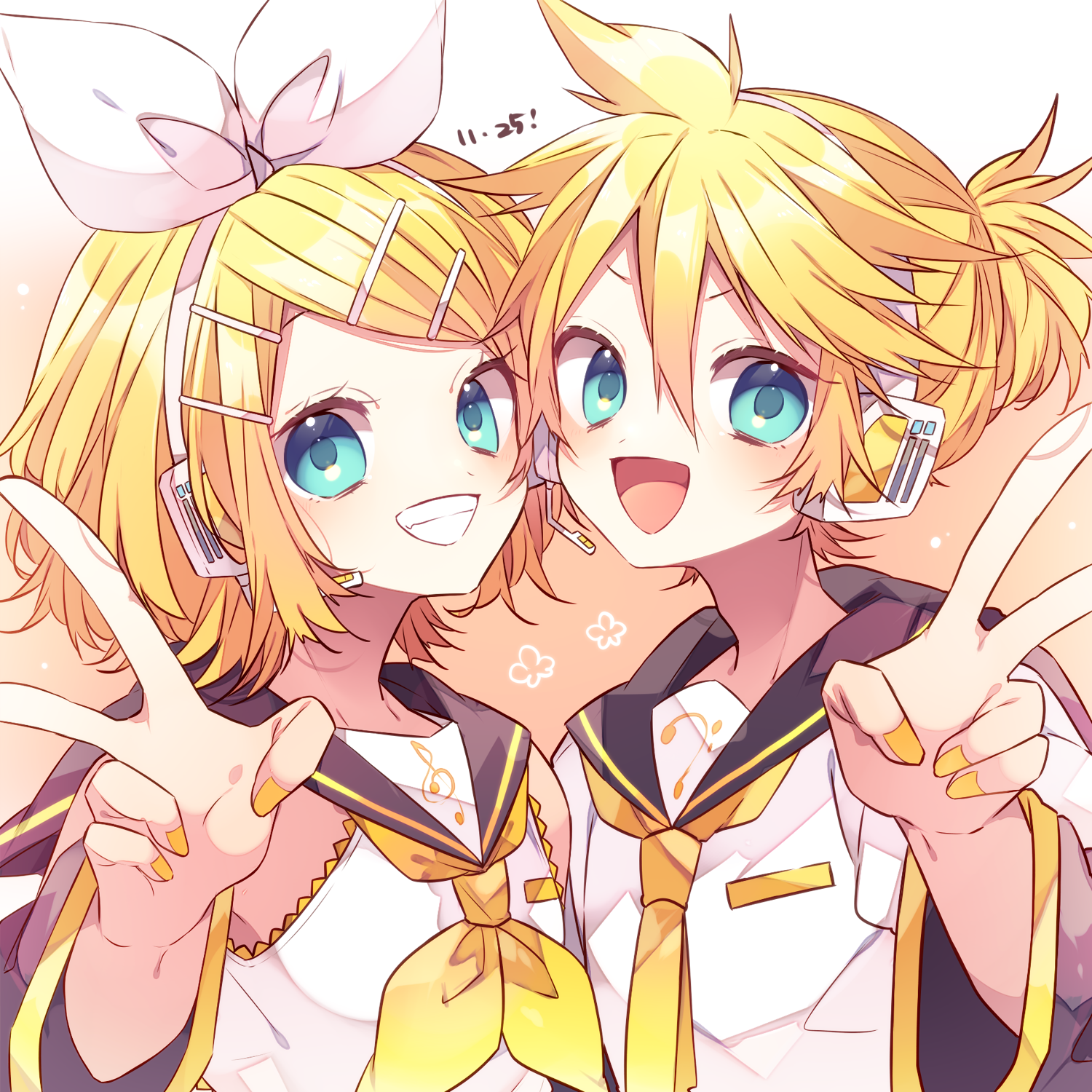 kaho 0102, kagamine len, kagamine rin, vocaloid, commentary request, highres, 1boy, 1girl, :d, arm warmers, bass clef, black sailor collar, blonde hair, blue eyes, brother and sister, double-parted bangs, grin, hair between eyes, hair ornament, hair ribbon, hairclip, hand up, headset, looking at viewer, nail polish, neckerchief, necktie, open mouth, orange background, parallel hairclips, parted bangs, ribbon, sailor collar, shirt, short hair, short sleeves, siblings, sleeveless, sleeveless shirt, smile, treble clef, twins, upper body, v, white ribbon, white shirt, yellow nails, yellow neckerchief, yellow necktie
