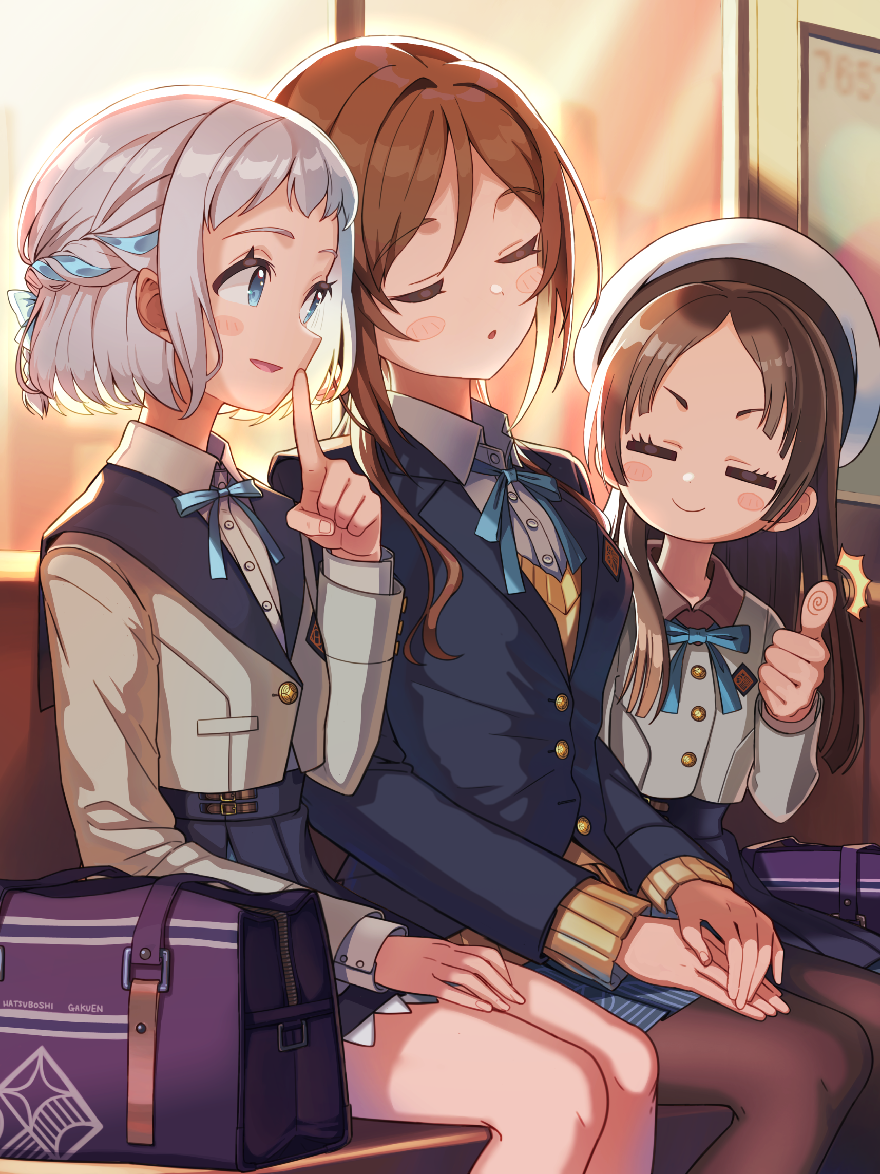 kuma (gaph5274), himesaki rinami, katsuragi lilja, kuramoto china, gakuen idolmaster, idolmaster, highres, 3girls, = =, bag, beret, blue jacket, blush, brown hair, brown pantyhose, feet out of frame, finger to mouth, grey hair, hat, hatsuboshi gakuen school uniform, jacket, multiple girls, own hands together, pantyhose, school bag, school uniform, shushing, sitting, sleeping, smile, thumbs up, white hat, white jacket