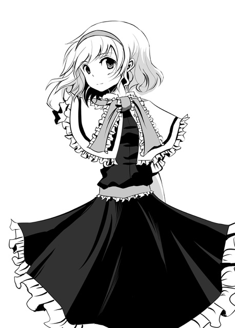 hyuuga azuri, alice margatroid, touhou, 1girl, belt, capelet, dress, female focus, from behind, greyscale, hairband, looking at viewer, looking back, monochrome, short hair, simple background, solo, white background