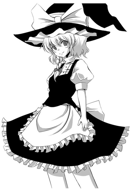 hyuuga azuri, kirisame marisa, touhou, 1girl, apron, arms at sides, braid, dress, female focus, greyscale, hat, looking at viewer, monochrome, puffy short sleeves, puffy sleeves, short hair, short sleeves, simple background, single braid, solo, standing, waist apron, white background, witch hat