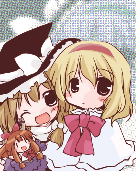 futami yayoi, alice margatroid, ibuki suika, kirisame marisa, touhou, 3girls, ;d, blonde hair, bow, bowtie, braid, capelet, chibi, female focus, hair bow, hat, horns, looking at viewer, mini person, minigirl, multiple girls, one eye closed, oni, open mouth, orange hair, red bow, red bowtie, short hair, single braid, smile, tareme, upper body, witch hat