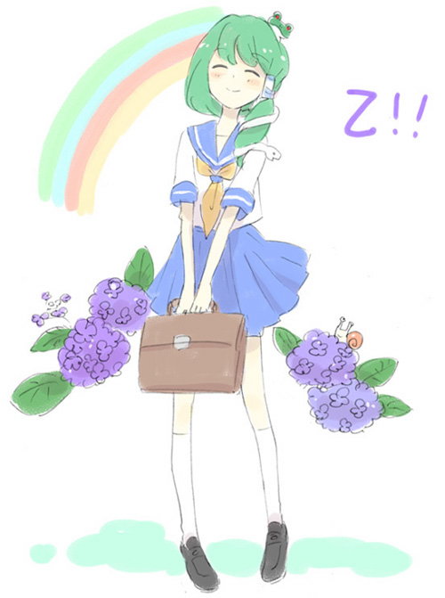 mokeo, kochiya sanae, touhou, 1girl, alternate costume, bag, blue skirt, buckle, carrying, closed eyes, contemporary, female focus, frog hair ornament, full body, green hair, hair ornament, pleated skirt, sailor collar, school bag, school uniform, serafuku, short hair, skirt, solo, standing