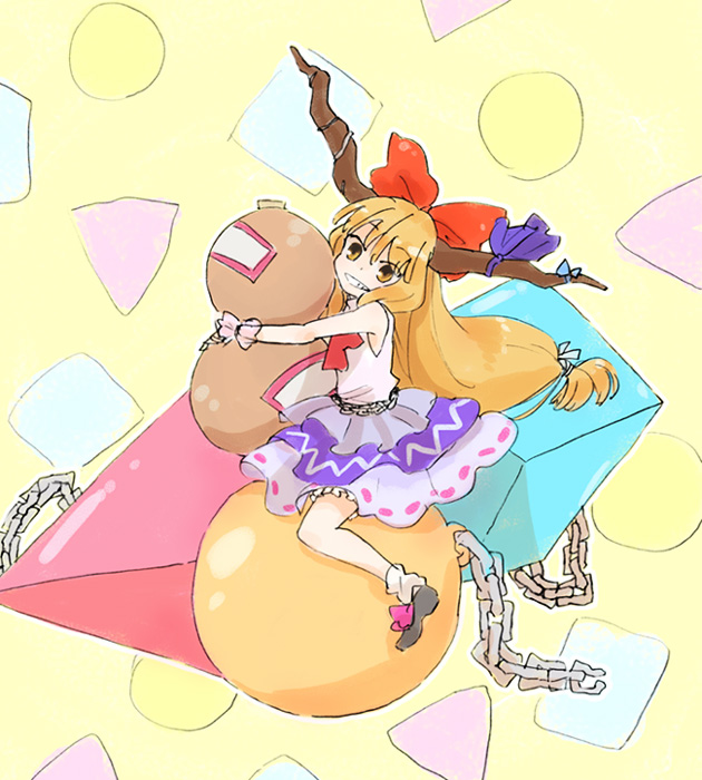 mokeo, ibuki suika, touhou, 1girl, :d, ball, blonde hair, blue skirt, blunt bangs, bow, bowtie, chain, cube, female focus, gourd, grin, horns, layered skirt, long hair, looking at viewer, low-tied long hair, oni, open mouth, red bow, red bowtie, skirt, smile, solo, teeth, wrist cuffs