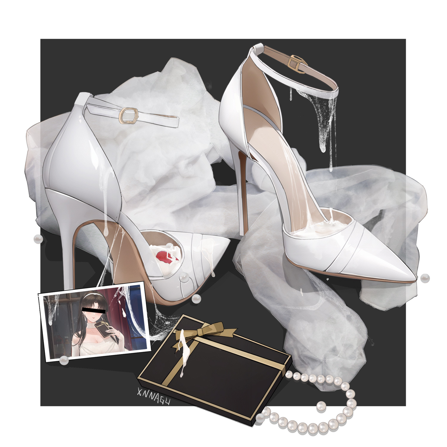 xnnagu, white footwear, highres, 1girl, bar censor, black background, black hair, border, box, breasts, censored, censored identity, cleavage, cum, cum on clothes, cumdrip, dress, gift, high heels, jewelry, long hair, necklace, pearl necklace, photo (object), shoes, stiletto heels, unworn shoes, white dress