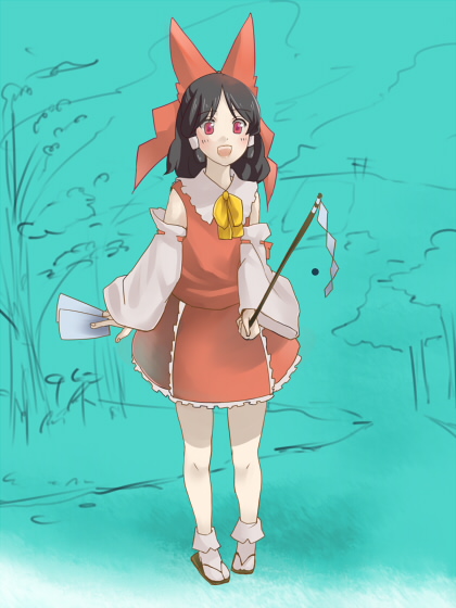 mugishima orie, hakurei reimu, touhou, 1girl, black hair, bobby socks, bow, detached sleeves, dress, female focus, full body, gohei, hair bow, holding, long sleeves, nontraditional miko, ofuda, red bow, red dress, red eyes, short hair, socks, solo, standing, stick, white socks
