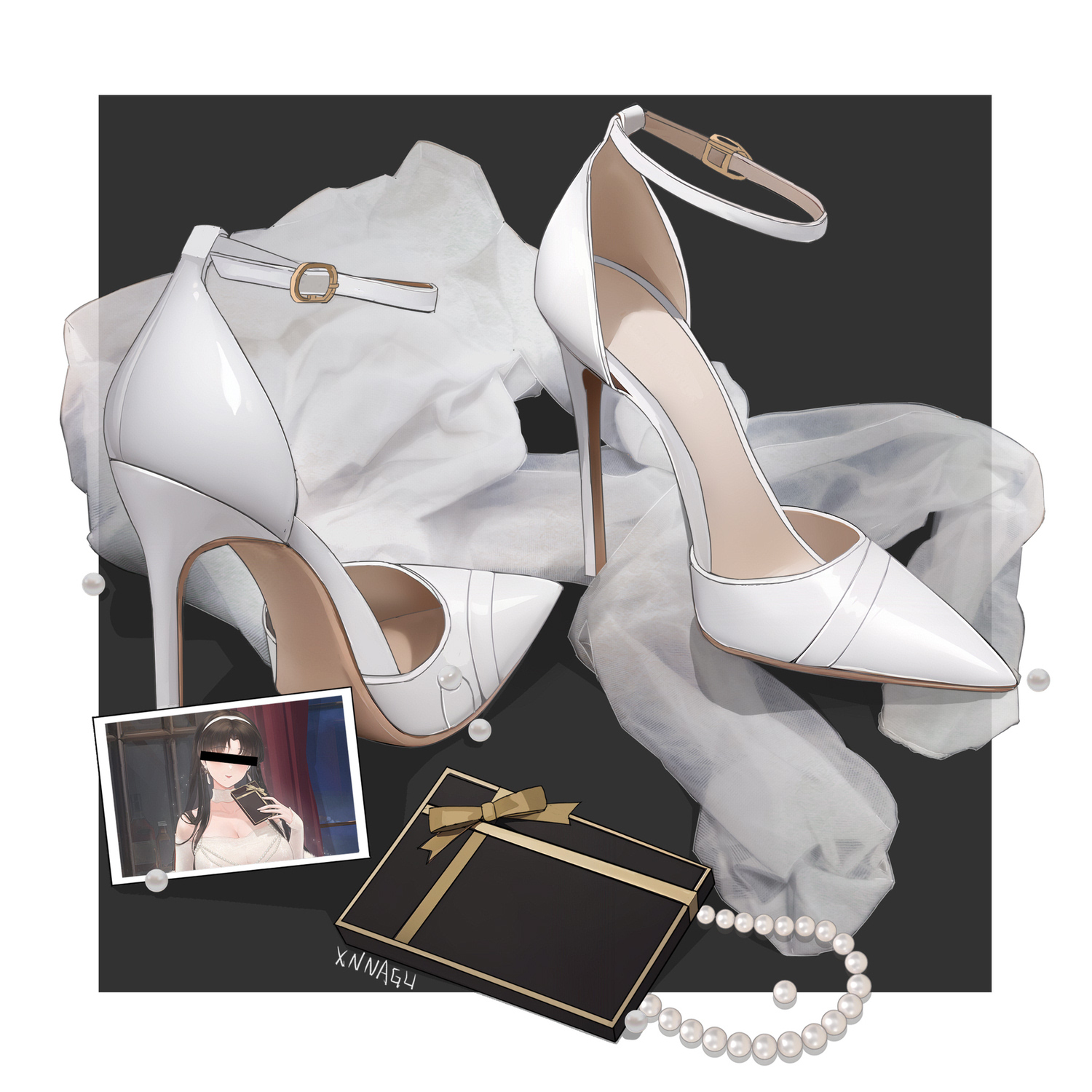 xnnagu, white footwear, highres, 1girl, artist name, bar censor, black background, border, box, breasts, cellphone, censored, censored identity, cleavage, dress, gem, gift, gift box, hairband, high heels, jewelry, large breasts, long hair, necklace, no humans, outside border, pantyhose, pearl necklace, phone, photo (object), ring, shoes, simple background, stiletto heels, white border, white dress, white hairband