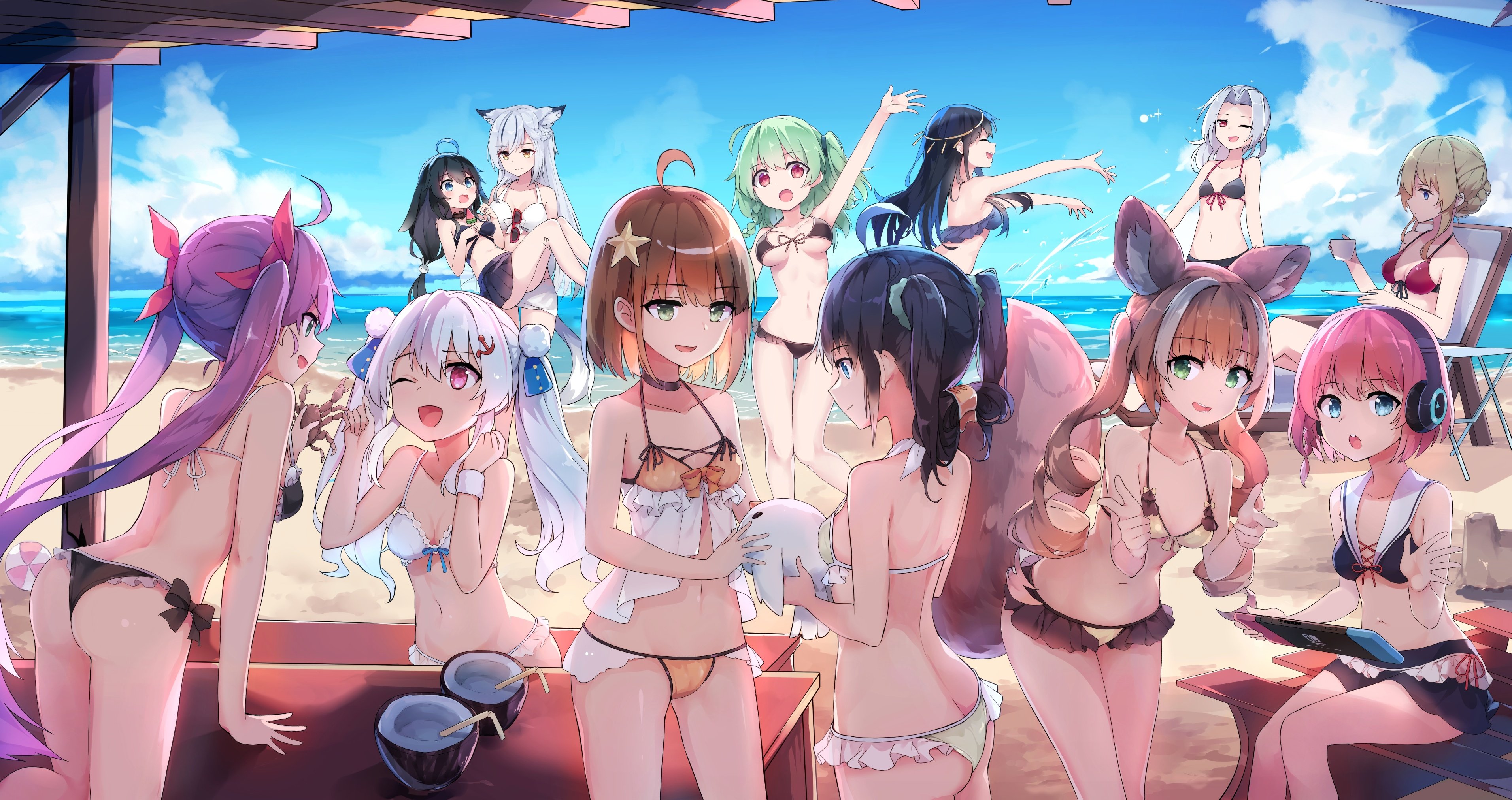 huanxiang koudai meow, sasha krik, yunyu luan, lucca project, absurdres, artist request, character request, highres, official art, 6+girls, :d, ;d, ahoge, animal ear headphones, animal ears, arm up, ass, bare arms, bare shoulders, beach, beach umbrella, bikini, black bikini, black choker, black hair, blonde hair, blue eyes, blue hair, blue sky, bow, braid, breasts, brown hair, choker, cleavage, closed mouth, cloud, collarbone, cup, day, drill hair, everyone, fake animal ears, flower, food, fox ears, fox tail, frilled bikini, frills, front-tie top, green eyes, green hair, grey hair, hair bun, hair flower, hair ornament, hair ribbon, hairband, hairclip, halterneck, headphones, holding, jewelry, katyusha tyumen, leaning forward, long hair, looking at another, medium breasts, medium hair, multicolored hair, multiple girls, navel, ocean, one eye closed, open mouth, orange bikini, outdoors, pink eyes, pink hair, pointing, ponytail, purple eyes, purple hair, red eyes, ribbon, sand, short hair, side-tie bikini bottom, side ponytail, sitting, sky, small breasts, smile, standing, star (symbol), star hair ornament, starfish, stomach, swimsuit, tail, twintails, umbrella, very long hair, virtual youtuber, water, white bikini, white hair