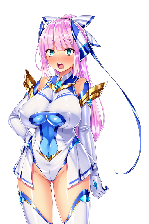 satou kuuki, kisaragi nozomi, shinsou seiki elementia, game cg, large variant set, non-web source, official art, variant set, 1girl, :o, aqua eyes, bare shoulders, blue eyes, blunt bangs, blush, breasts, cameltoe, chest jewel, covered collarbone, covered erect nipples, covered navel, cowboy shot, elbow gloves, element venus, gem, gloves, gluteal fold, groin, hair ribbon, hand on own hip, headgear, high ponytail, highleg, highleg leotard, impossible clothes, impossible leotard, large breasts, legs apart, leotard, long hair, looking at viewer, magical girl, nose blush, open mouth, pink hair, pleated skirt, ponytail, ribbon, shiny clothes, shiny skin, showgirl skirt, simple background, skin tight, skirt, solo, standing, surprised, teeth, thighhighs, transparent background, white background, white gloves, white leotard, white thighhighs, wide-eyed