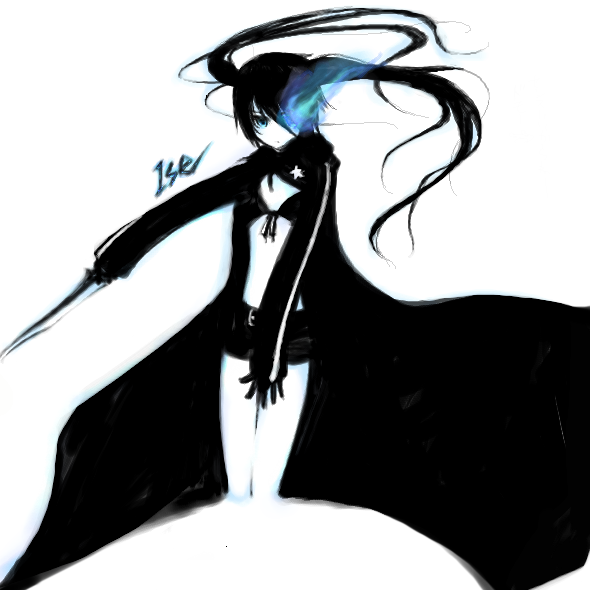 iseno yajin, black rock shooter (character), black rock shooter, 10s, 1girl, black hair, blue eyes, blue theme, female focus, midriff, monochrome, solo, twintails