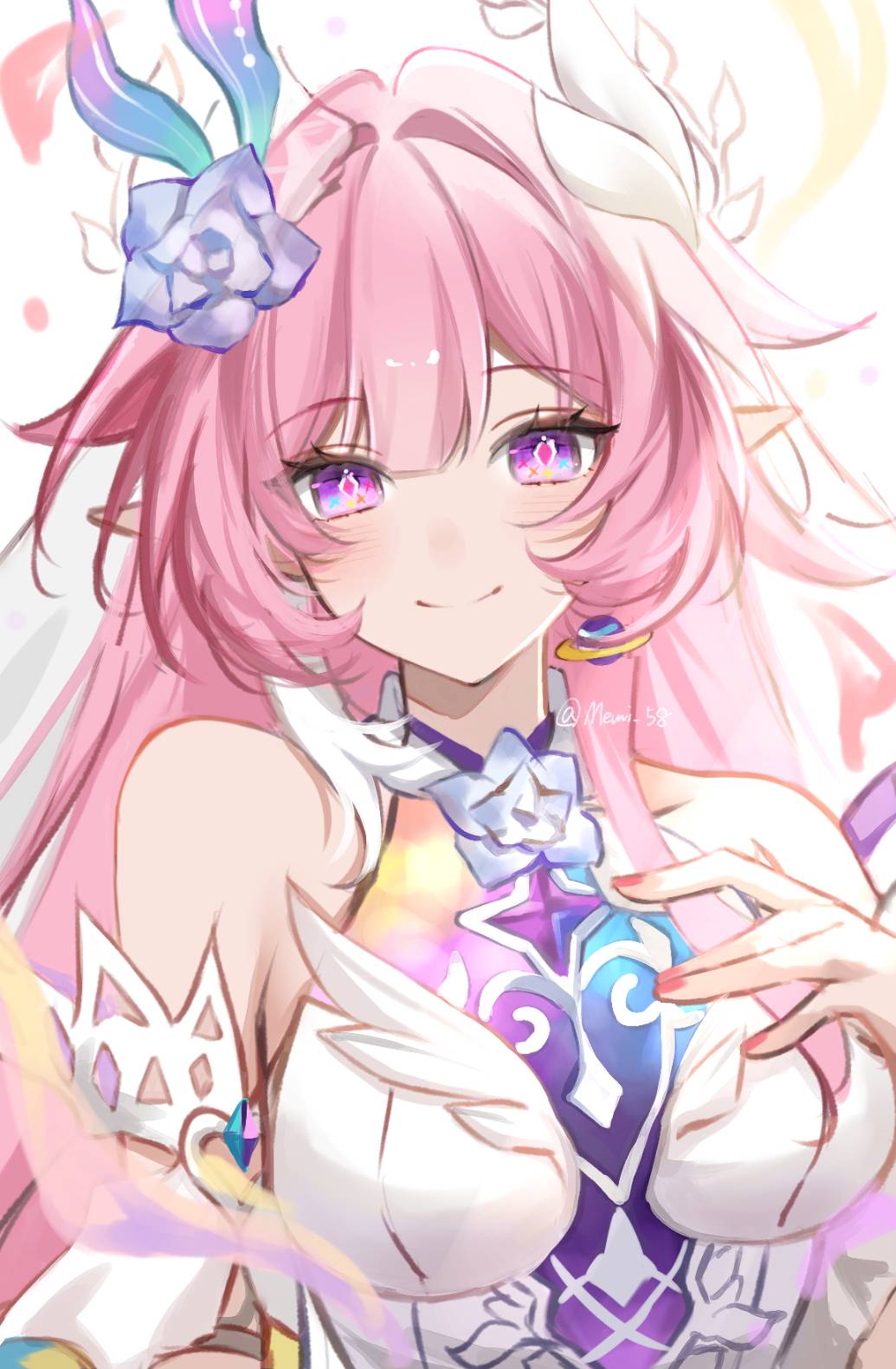 memi 58, cyrene (honkai: star rail), cyrene (ripples of past reverie) (honkai: star rail), honkai: star rail, honkai (series), highres, 1girl, bare shoulders, breasts, detached sleeves, diamond-shaped pupils, diamond (shape), earrings, falling petals, flower, hair flower, hair ornament, halo, hand on own chest, jewelry, large breasts, long hair, looking at viewer, multicolored hair, petals, pink hair, pink nails, pointy ears, purple eyes, simple background, smile, solo, symbol-shaped pupils, two-tone hair, very long hair, white background, white hair