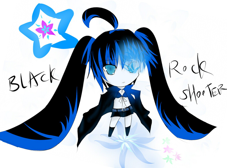 25xneko (forbidden50), black rock shooter (character), hatsune miku, black rock shooter, vocaloid, 10s, 1girl, blue eyes, chibi, female focus, long hair, midriff, solo, twintails
