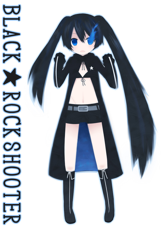 mochino (kaika), black rock shooter (character), hatsune miku, black rock shooter, vocaloid, 10s, 1girl, blue eyes, chibi, female focus, long hair, midriff, shorts, solo, twintails, uneven twintails