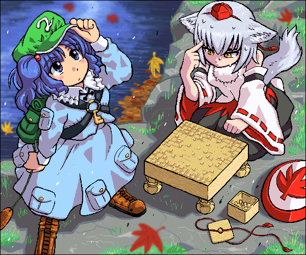 johnnie, inubashiri momiji, kawashiro nitori, touhou, 2girls, animal ears, blue eyes, blue hair, board game, dog ears, dog tail, female focus, hat, jaggy lines, multiple girls, oekaki, shogi, sweat, tail, thinking, tokin hat, two side up, water, white hair, wolf ears, yellow eyes