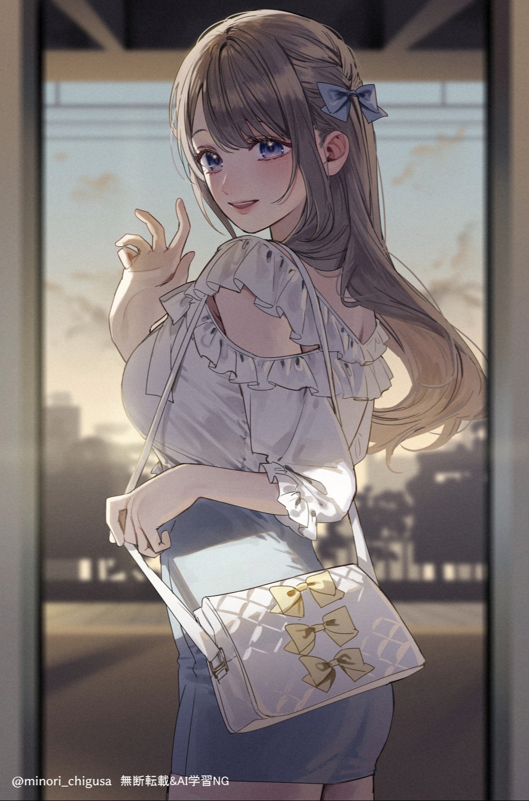 chigusa minori, saotome shino (shino to ren), shino to ren, commentary request, highres, 1girl, blue bow, blue eyes, blue skirt, blurry, blurry background, bow, breasts, clothing cutout, grey hair, hair bow, hand up, large breasts, long hair, purple eyes, shirt, shoulder cutout, sidelocks, skirt, solo, white bag, white shirt