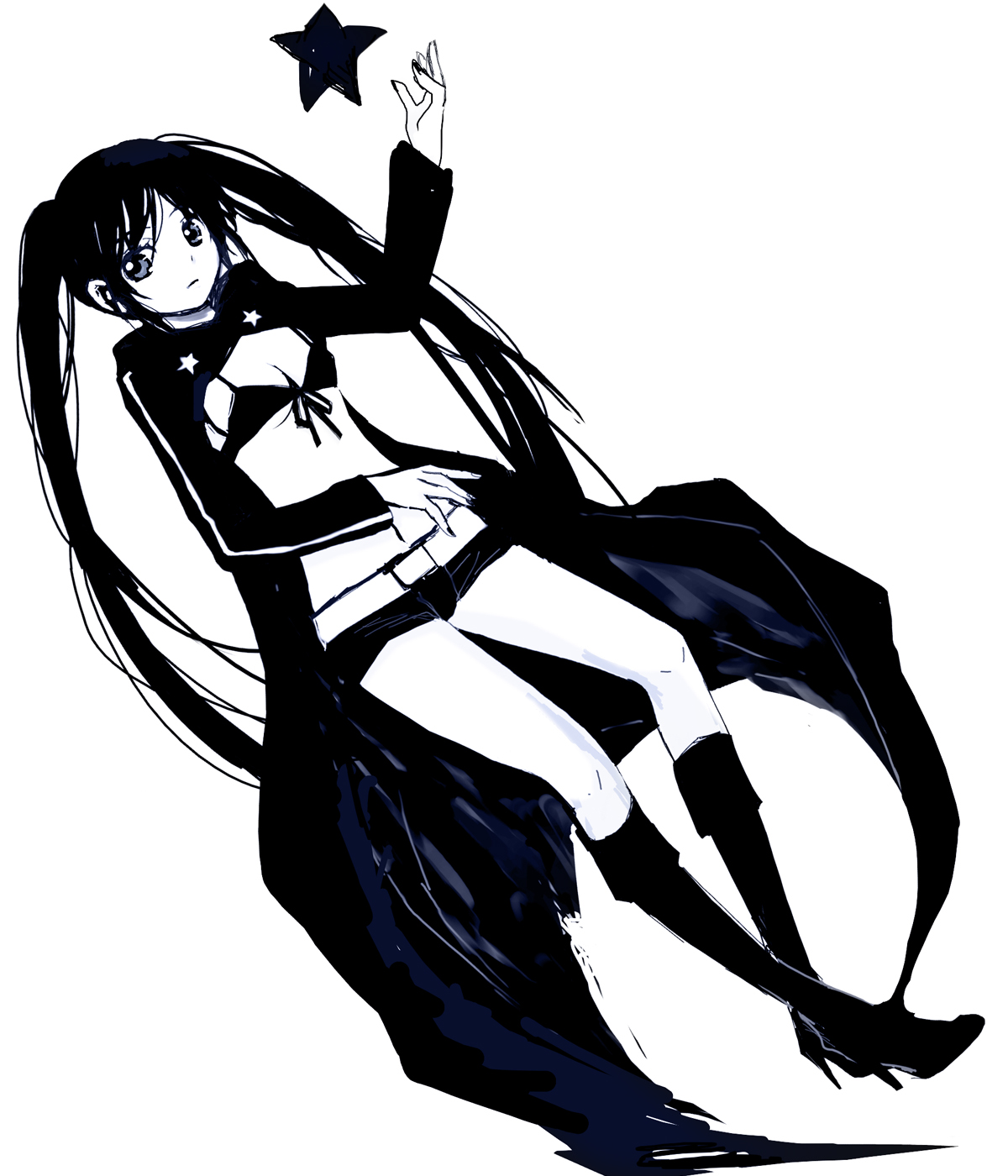 leonoor, black rock shooter (character), hatsune miku, black rock shooter, vocaloid, bad id, bad pixiv id, highres, 10s, 1girl, blue eyes, female focus, full body, long hair, midriff, monochrome, shorts, simple background, solo, twintails