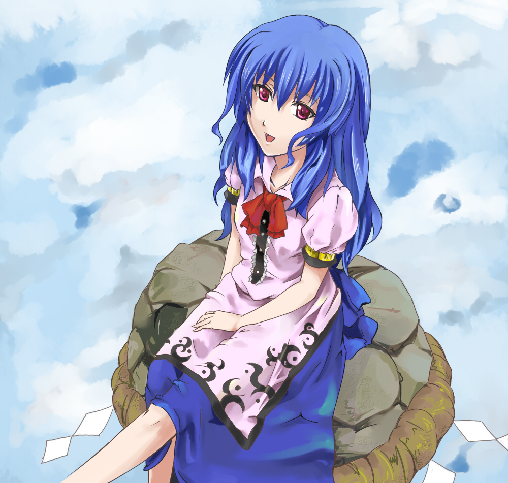 shibasaki shouji, hinanawi tenshi, touhou, bad id, bad pixiv id, 1girl, blue hair, female focus, kaname-ishi, long hair, no headwear, red eyes, ribbon, rope, shimenawa, sitting, solo