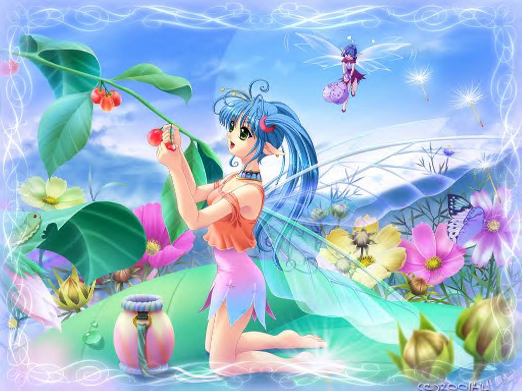 r'l, jpeg artifacts, 1girl, antennae, barefoot, blue hair, bug, butterfly, caterpillar, choker, fairy, flower, green eyes, green flower, harvest, insect, kneeling, long hair, nature, pointy ears, skirt, twintails, wings
