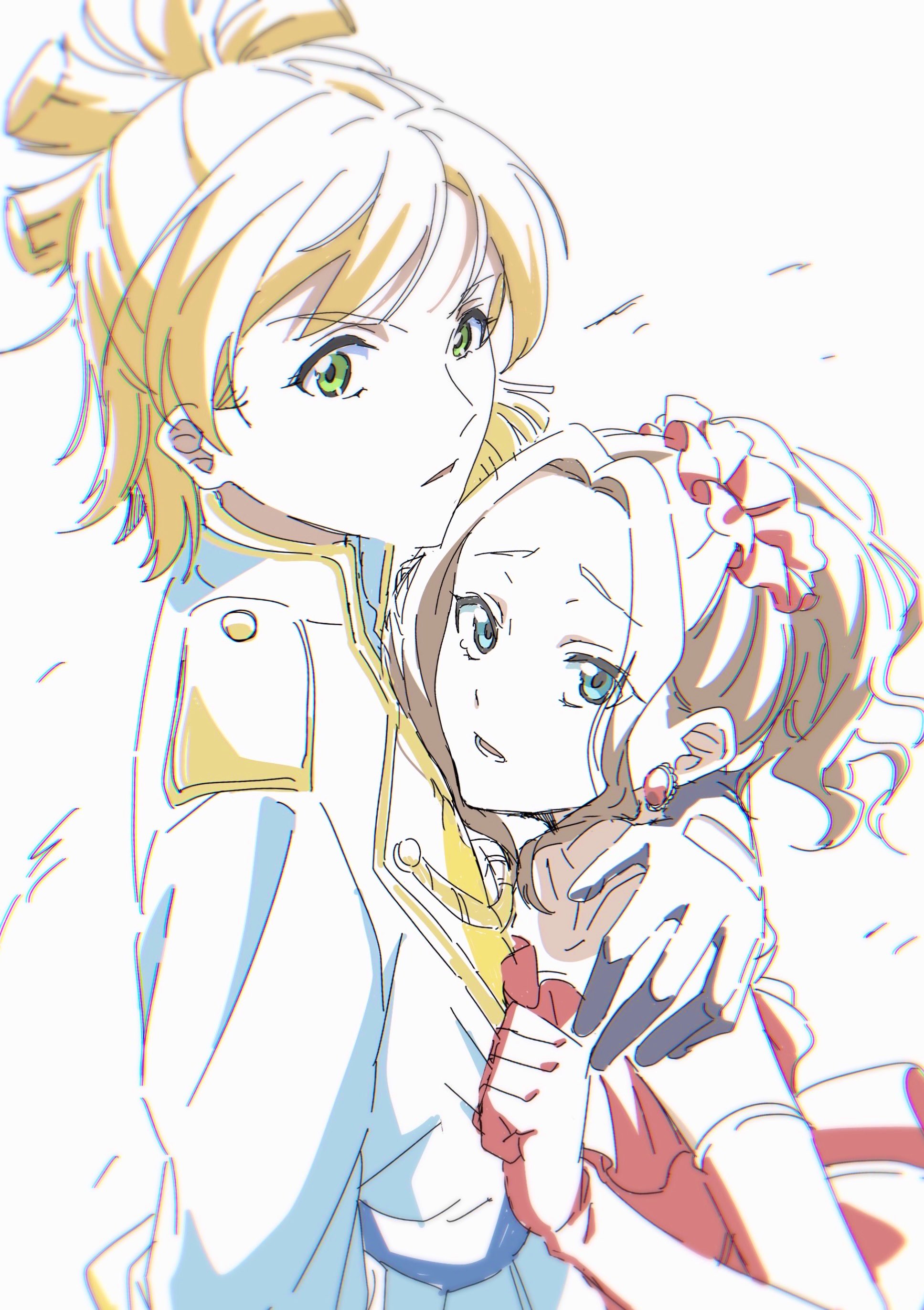 ikutsu, daiba nana, honami hisame, shoujo kageki revue starlight, absurdres, commentary request, highres, 2girls, arm around shoulder, arm at side, bare shoulders, blonde hair, blue eyes, blurry, brown hair, chromatic aberration, depth of field, dress, earrings, elbow gloves, epaulettes, from side, gem, gloves, green eyes, grey background, hair ornament, hair scrunchie, hand on another's chest, hand on another's shoulder, hand up, height difference, jacket, jewelry, long sleeves, looking at viewer, looking to the side, lower teeth only, multiple girls, official alternate costume, official alternate hairstyle, parted bangs, parted lips, ponytail, raised eyebrows, red dress, red gemstone, red scrunchie, scrunchie, short hair, short ponytail, sidelocks, simple background, strapless, strapless dress, teeth, v-shaped eyebrows, white gloves, white jacket, yuri