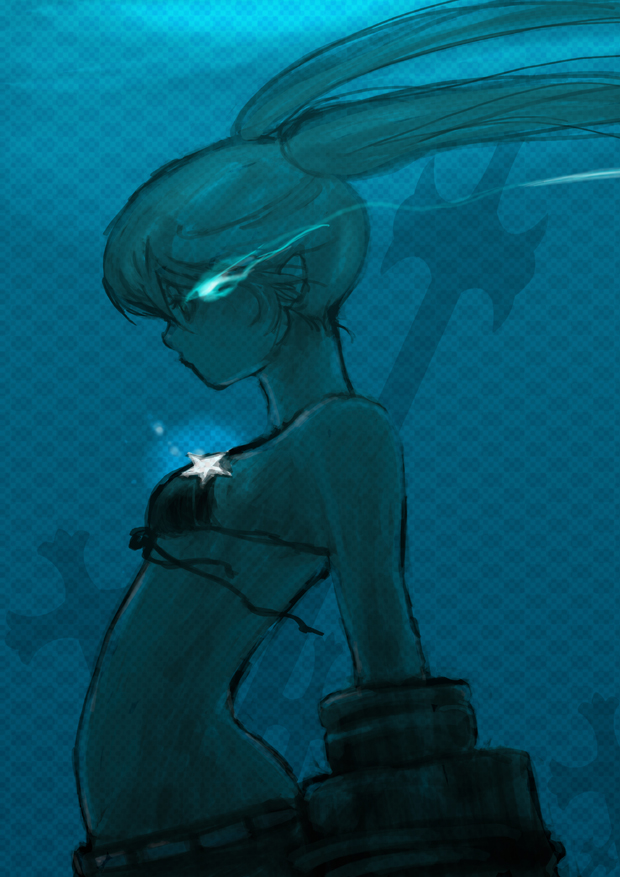 black rock shooter (character), hatsune miku, black rock shooter, vocaloid, bad id, bad pixiv id, 10s, aqua theme, arm cannon, blue theme, midriff, monochrome, solo, twintails, weapon