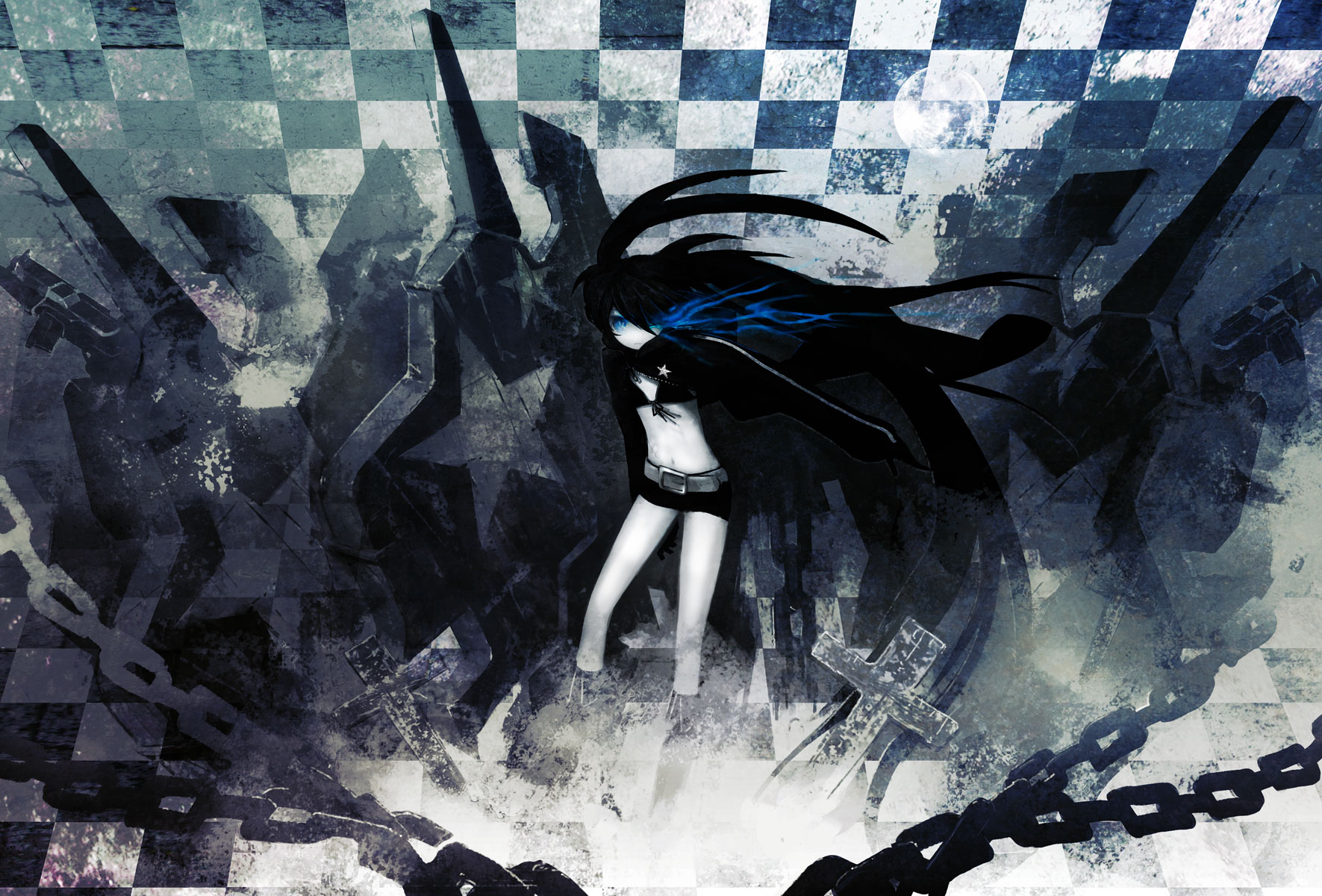 huke, black rock shooter (character), black rock shooter, original, highres, 10s, 1girl, belt, black hair, blue eyes, cape, chain, cross, female focus, flat chest, latin cross, midriff, navel, shorts, solo, twintails