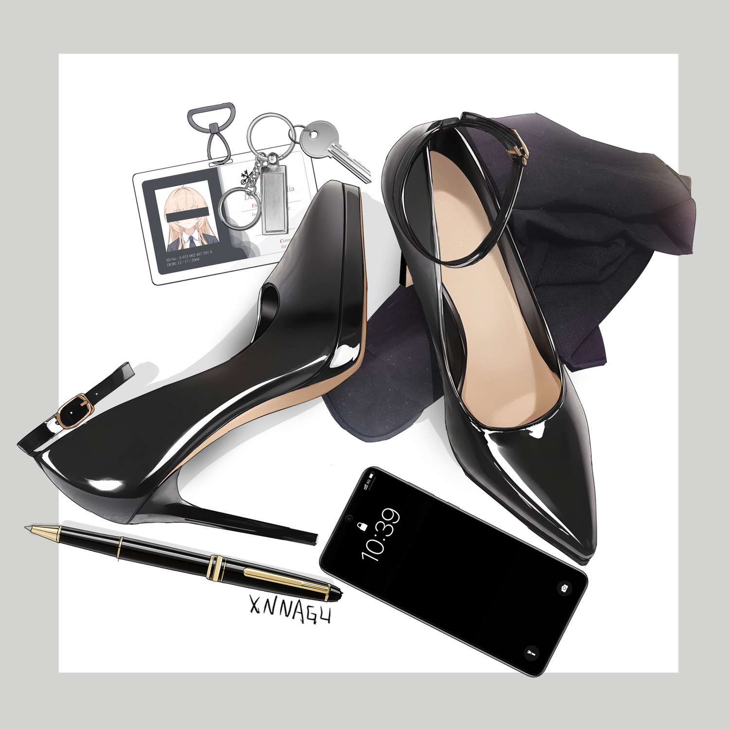 xnnagu, black footwear, highres, 1girl, artist name, blonde hair, border, cellphone, censored, censored identity, charm (object), cuffs, grey border, handcuffs, high heels, id card, key, lanyard, no humans, pen, pencil, phone, photo (object), pumps, shoes, simple background, smartphone, stiletto heels, still life, unworn shoes, white background