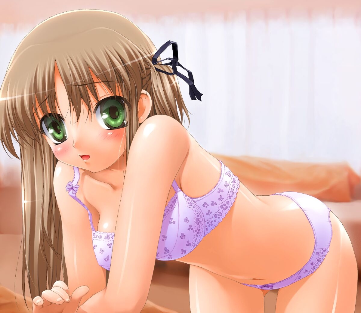 ishikei, azusagawa tsukino, yakitate!! japan, 00s, 1girl, bent over, blush, bra, brown hair, female focus, green eyes, hair ribbon, lingerie, open mouth, panties, ribbon, side ponytail, solo, underwear, underwear only