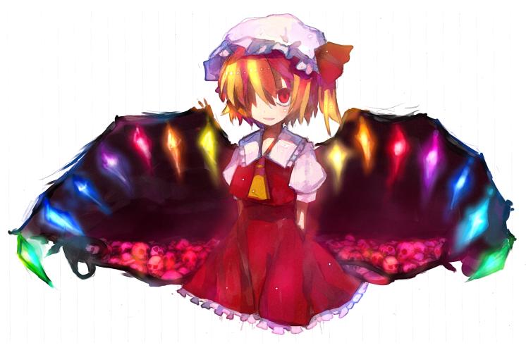 tsuchiya akira, flandre scarlet, touhou, 1girl, blonde hair, bonnet, female focus, frills, hair over one eye, hat, mob cap, red eyes, ribbon, short hair, skull, solo, white background, wings