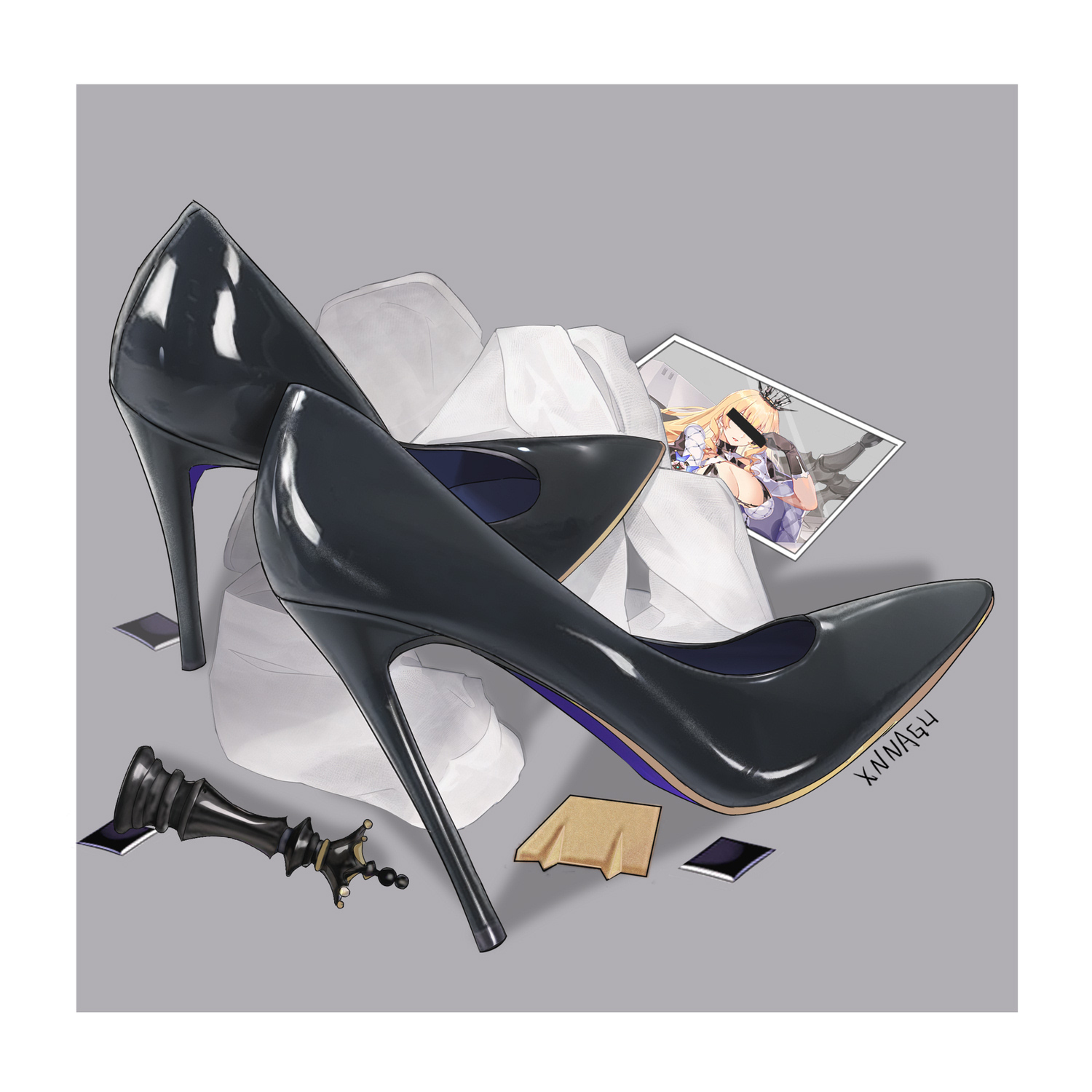 xnnagu, black footwear, highres, 1girl, artist name, bar censor, blonde hair, breasts, censored, censored identity, cleavage, crown, dress, gloves, grey background, high heels, holding, holding photo, large breasts, long hair, pantyhose, photo (object), shoes, simple background, solo, stiletto heels, tiara, white dress