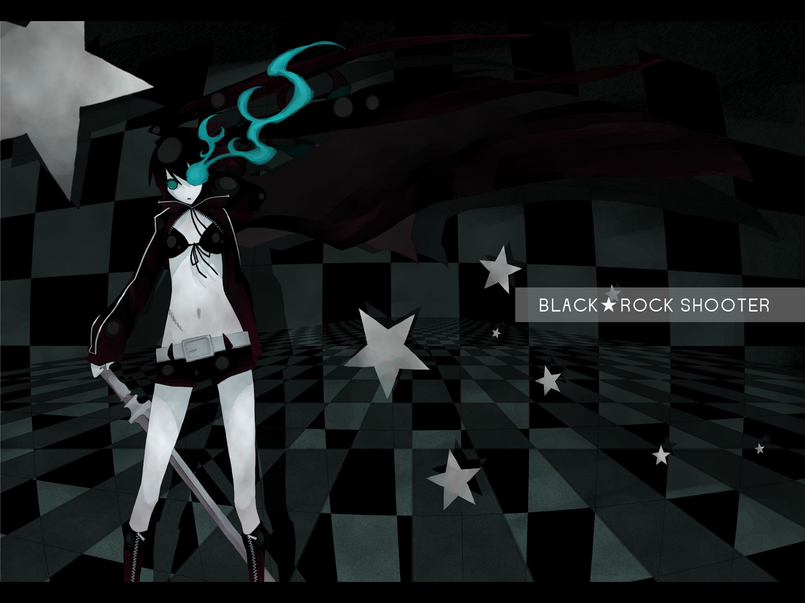 robo8, robo8 (pixiv), black rock shooter (character), black rock shooter, highres, 10s, 1girl, black hair, dark, female focus, green eyes, midriff, navel, solo, sword, weapon