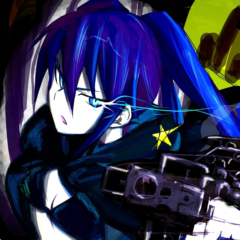 jouyo, black rock shooter (character), hatsune miku, black rock shooter, vocaloid, bad id, bad pixiv id, 10s, blue eyes, food, gun, midriff, solo, sweet potato, weapon