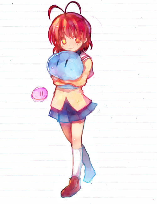 tsuchiya akira, furukawa nagisa, clannad, dango daikazoku, 00s, antenna hair, brown hair, dango, food, hug, orange eyes, red hair, school uniform, serafuku, short hair, smile, socks, solo, standing, wagashi